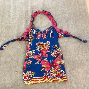 Nannette Lepore s8 Silk Linen & Cotton halter Summer Dress tie back zip up